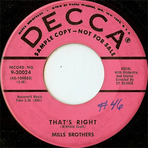 

7-дюймовая пластинка MILLS BROTHERS Thats Right Dont Get Caught Sh 930024PROMO Decca 1956 США Джаз Б/у