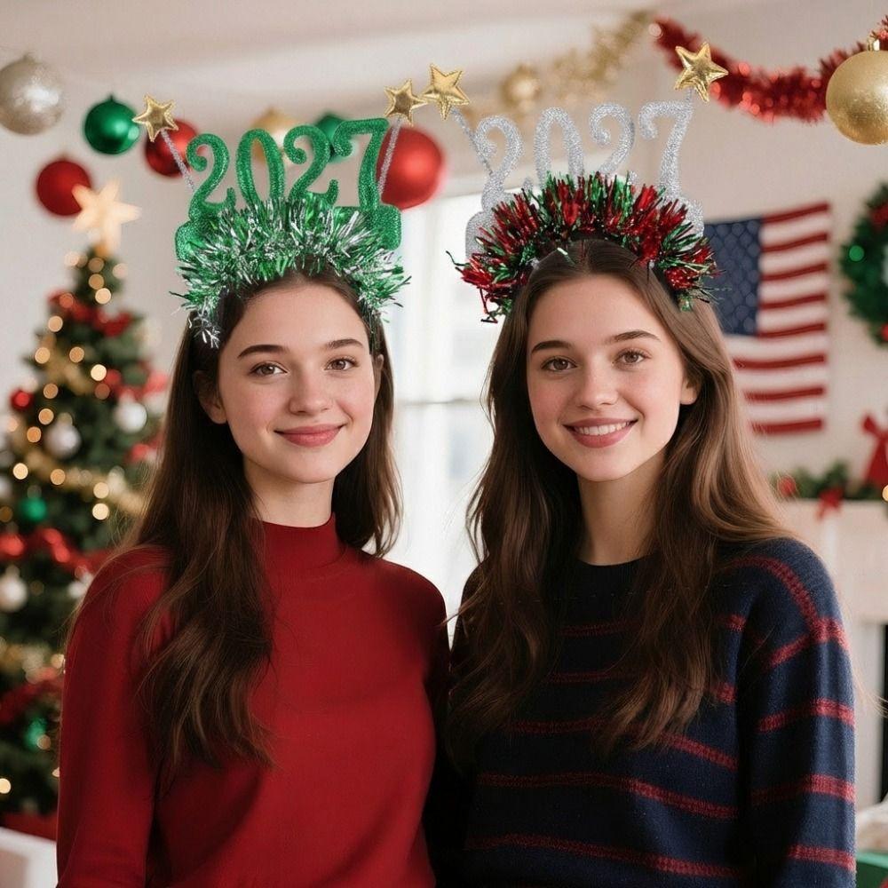 Cute 2027 Happy New Year Headband Sequin Glitter Hair Hoop Star Strip Headwear Masquerade Party