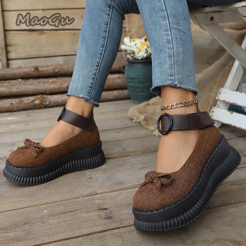Fashion Thick Sole Shallow Mouth Single Shoes 2025 Autumn New Women's Butterfly Bow Design Round Toed Retro Loafers Fashion Chunky Pumps