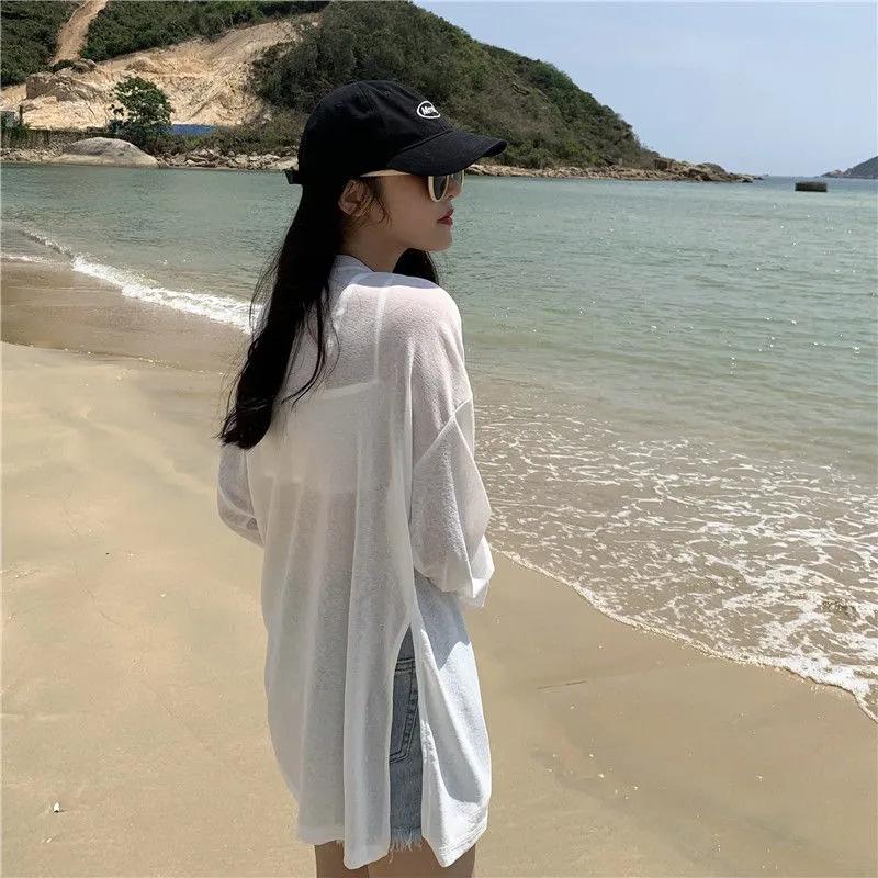 Sun Protection Top Women Long Sleeve Summer Thin Korean Loose Mid Long White Slit Ice Silk Tee