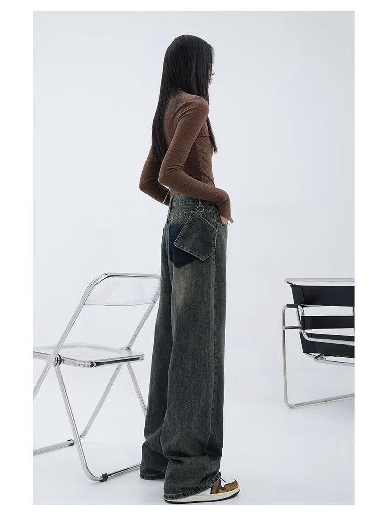 2025 Autumn/Winter Distressed High-Waisted Straight-Leg Women's Wide-Leg Jeans