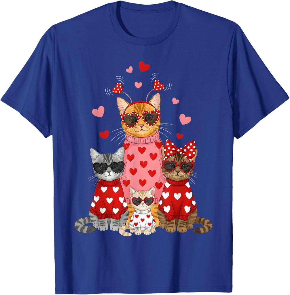 Lustiges Valentinstag Katzen Familie Grafik T-Shirt Niedliche Kätzchen Liebhaber Rundhals T-Shirt