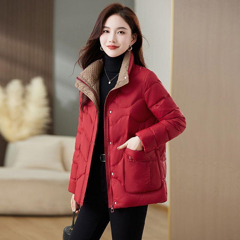 Red Loose Fit Short Puffer Coat for Women Winter Fashion Lightweight Slimming Cotton Jacket