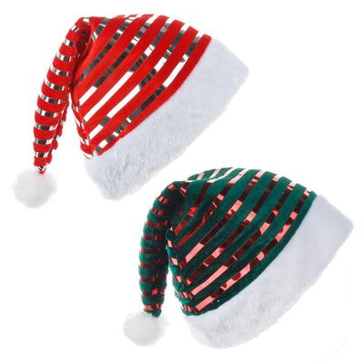 1Piece Green/Red Christmas Hats With Shiny Stripes Red & Green Velvet Santa Caps Festive Headwear Decoration