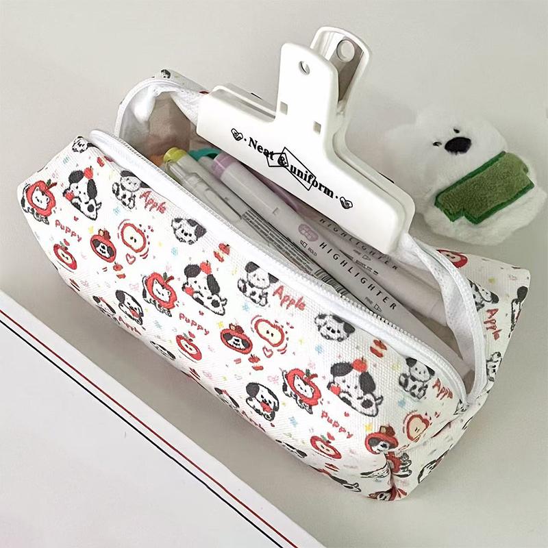 Cartoon Red Apple Puppy Printed Pencil Case Large Capacity Portable Storage Bag Stationery Makeup Bag Gifts
