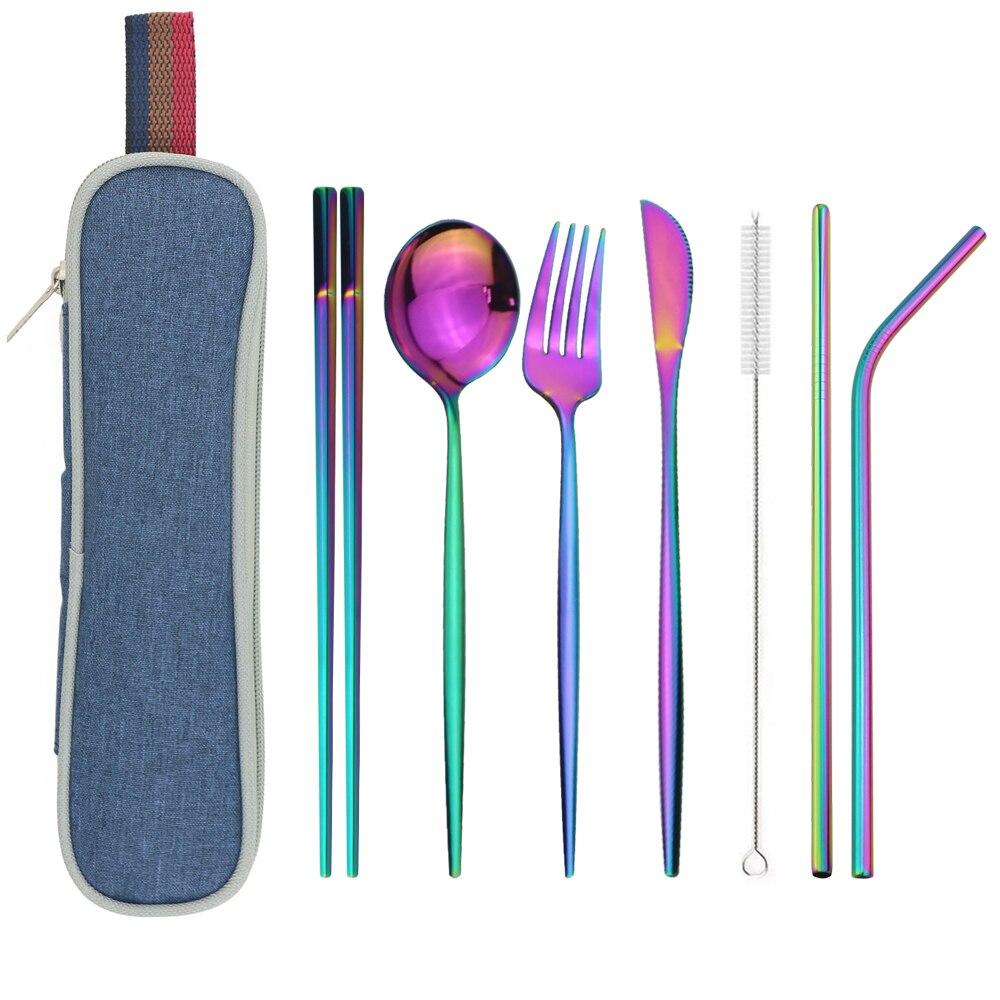 Silver Dinnerware Set Travel Cutlery Set Reusable Silverware Straw Spoons Forks Chopsticks Kitchen Accessory with Bag