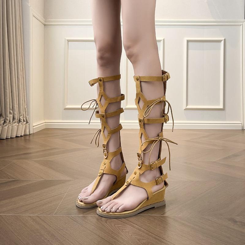 Damen Sommer Gladiator Ausgeschnitten Hohe Stiefel Innenabsatz Bohemian Strandurlaub Mode Sandalen