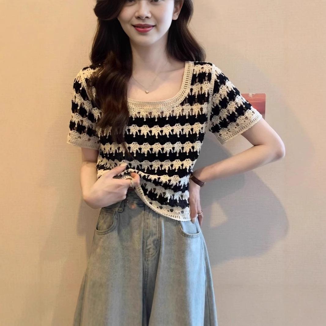 

Women s Summer 2025 Striped Short-Sleeve Knitted Top One Size [Recommended for up to 125 jin]