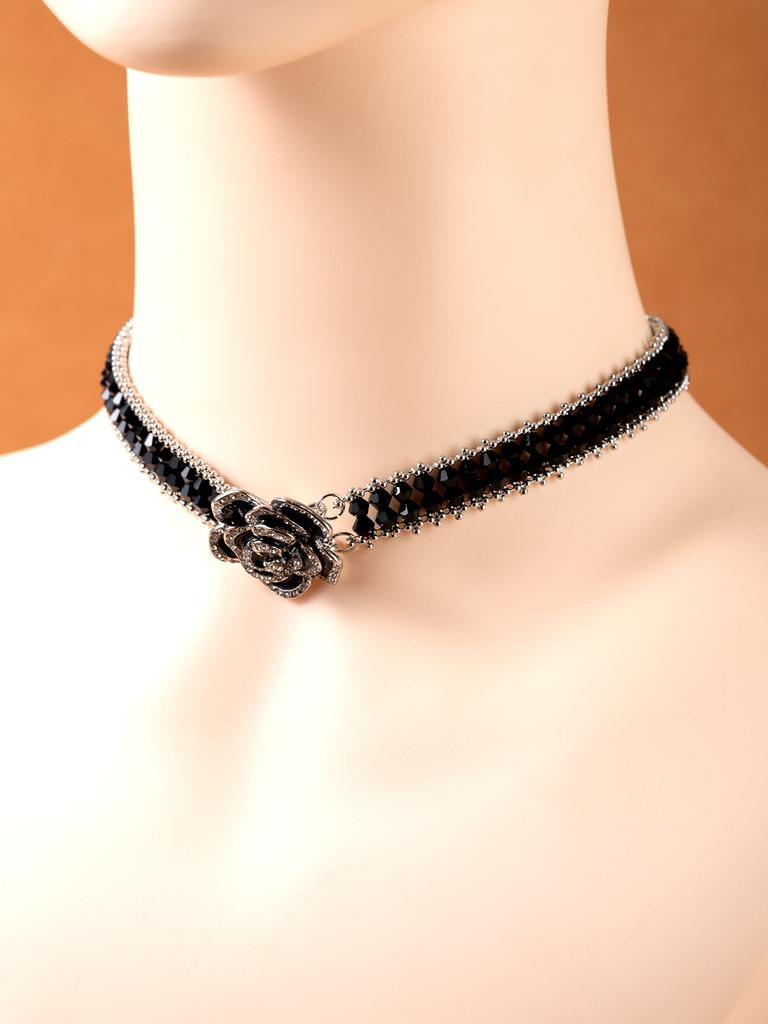 Black Camellia Drop Glaze Inlaid Light Luxury Clavicle Chain Bracelet Set