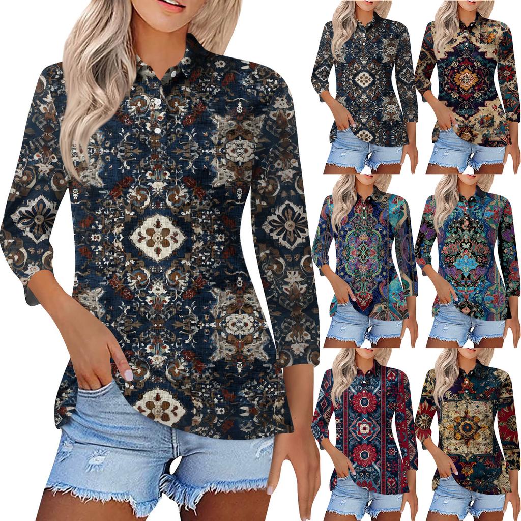 Women's Fashion Casual Lapel Short 3/4 Sleeve Print Shirt Women's Button Up Tops
