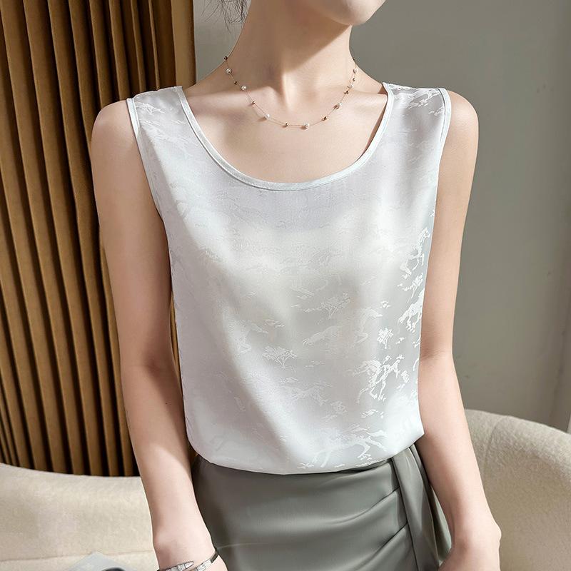 Acetate Satin Round Neck Printed Vest for Women In Summer Simple Smooth and Versatile Sleeveless Suspender Soft and Comfortable Top