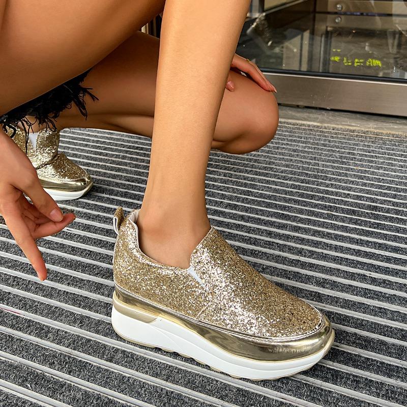 Moda 2025 Modne Wsuwane Damskie Buty Wulkanizowane Nowe Cekiny Casual Duży Rozmiar Okrągły Nosek Bestseller Wygodne Wszechstronne Sneakersy