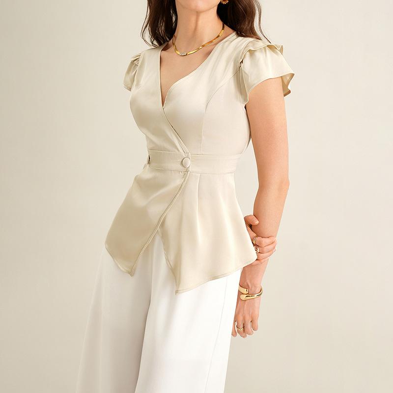 Women s Satin V-Neck Ruffle Sleeve Peplum Blouse S абрикосовый