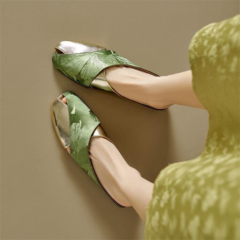 French Baotou Half-drag Women's Summer Soft Leather National Style Printing Color Matching Square Head Hollow Flat Bottom Lazy Muller Cool Slippers