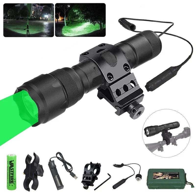 LED Hunting Flashlight Green 502B Tactical Torch Green Light 1-Mode Waterproof Outdoor Light Mount+Switch USB Rechargeable Lamp