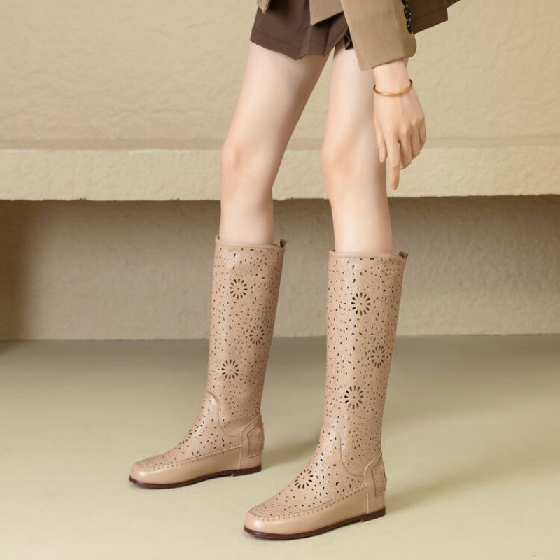 Mode Echtes Leder Ausgeschnitten Runde Zehe Niedriger Absatz Kniehohe Stiefel Mode Frühling Herbst Aprikosenfarbenes Rindsleder Damen Kurzstiefel Größe 43