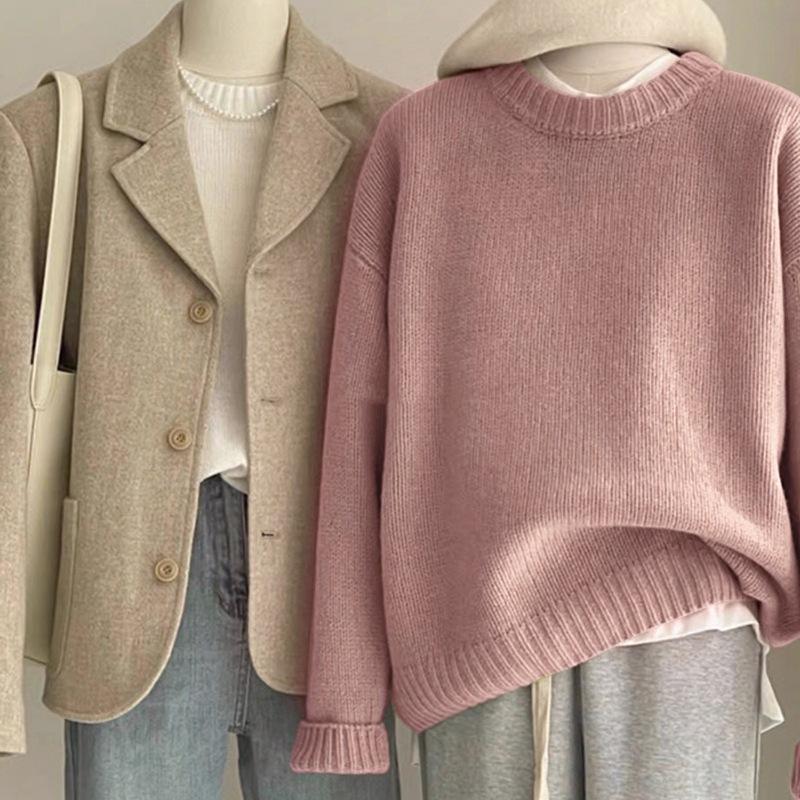 Autumn and Winter Women Soft Waxy Round Neck Cashmere Sweater Women's Loose Sweater Autumn and Winter Short Base Sweater