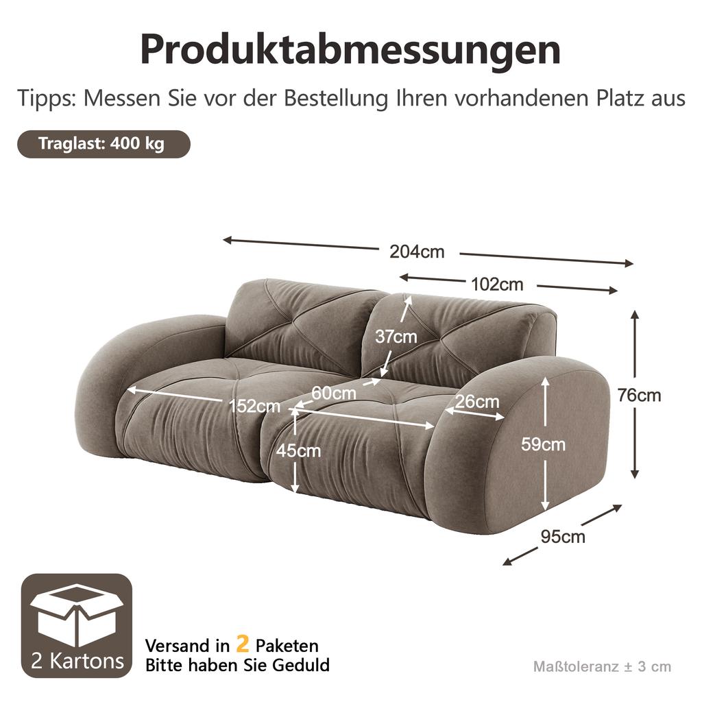 Frameless Modular 2-Seater Sofa, High-Density 32D Foam, Suitable for Living Room, Chenille Fabric, Non-Slip Design, No Assembly Required, Brown