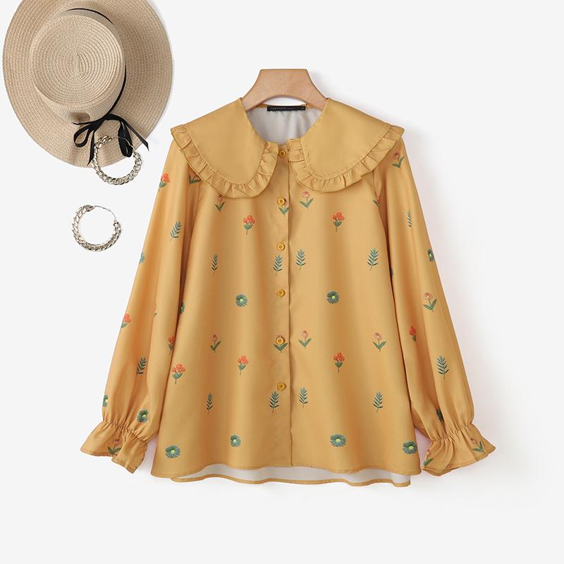 ZANZEA Damen Lässig Puppenkragen Locker Langarm Geblümte Bluse