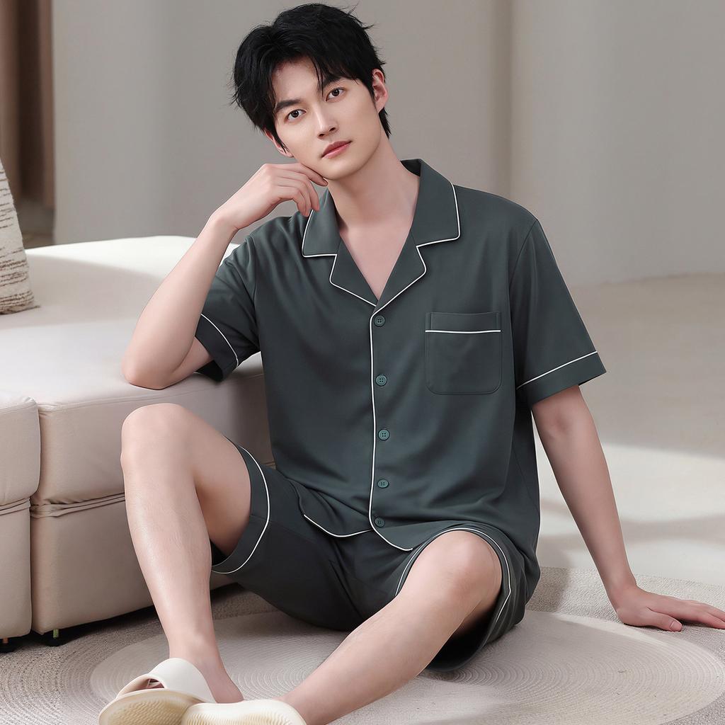 Summer men's pure cotton pajamas short-sleeved five-point pants loungewear men's summer thin plus size suit