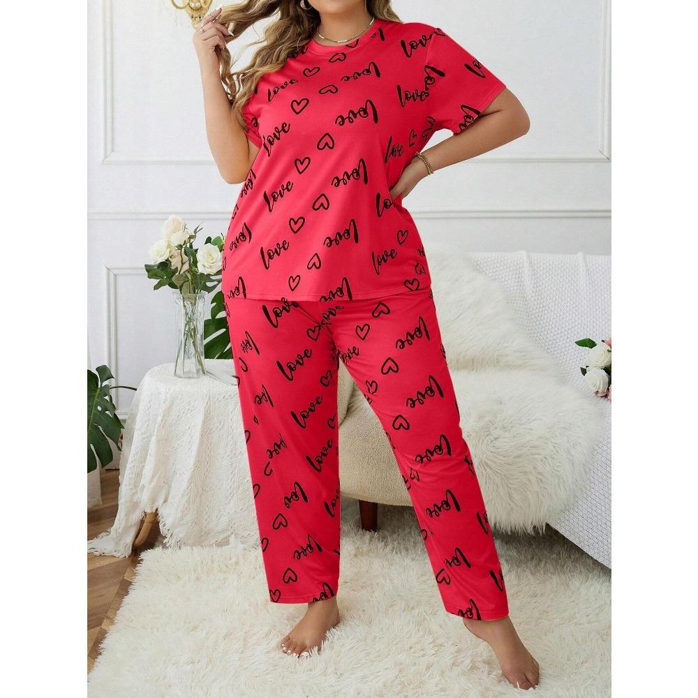 Plus Size 3XL 4XL 5XL Sleepwear Heart Letters Print 2 PCS Pajama Set Women's Casual Short-Sleeve Top and Pants Loungewear