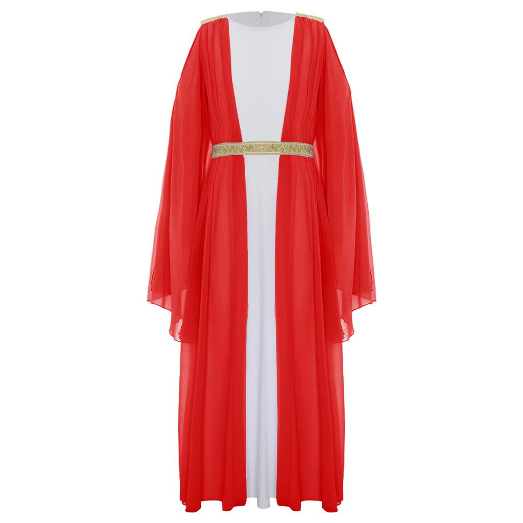 Girls Ancient Greek Roman Cosplay Costume Long Sleeve Golden Embroidery Dress Tulle Patchwork Halloween Gown
