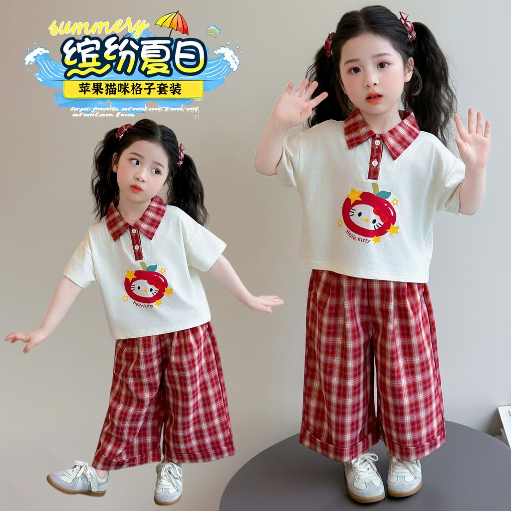 Girls' Korean Edition Set Summer 2026 New Girl's Cartoon Short Sleeve Summer Dress Children's Wide Leg Pants Two Piece Set