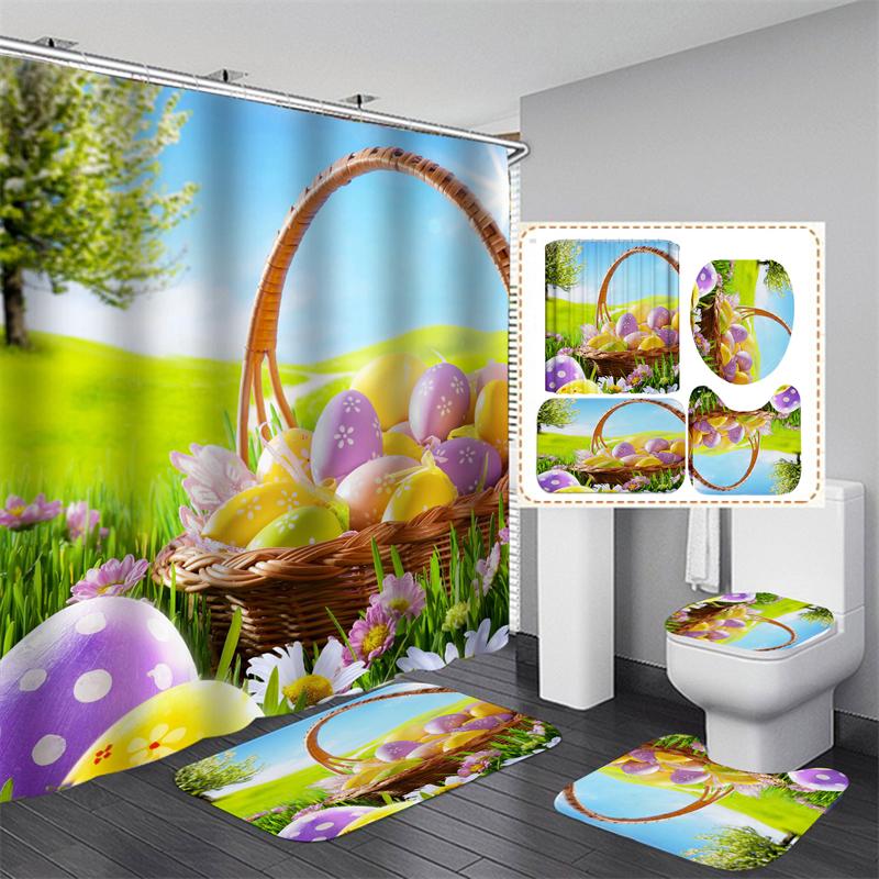 3D Print Shower Curtain Waterproof Polyester Bathroom Curtain Anti-slip Bath Mat Set Toilet Rugs Carpet Home Decor 4PCS