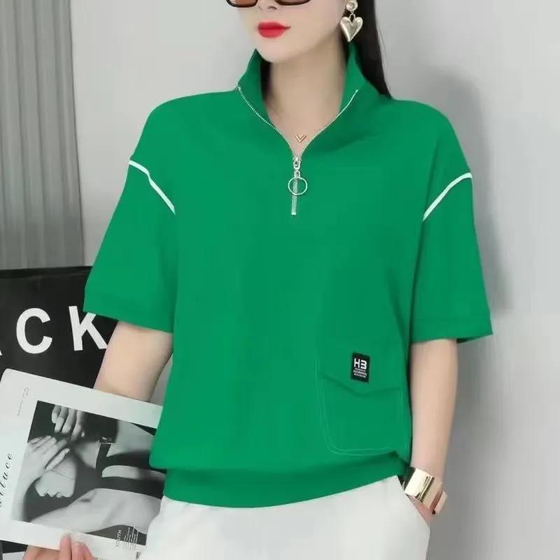 Damska Letnia Luźna Koszulka z Półzamkiem i Stójką Krótki Rękaw Casualowy Top Styl Y2K