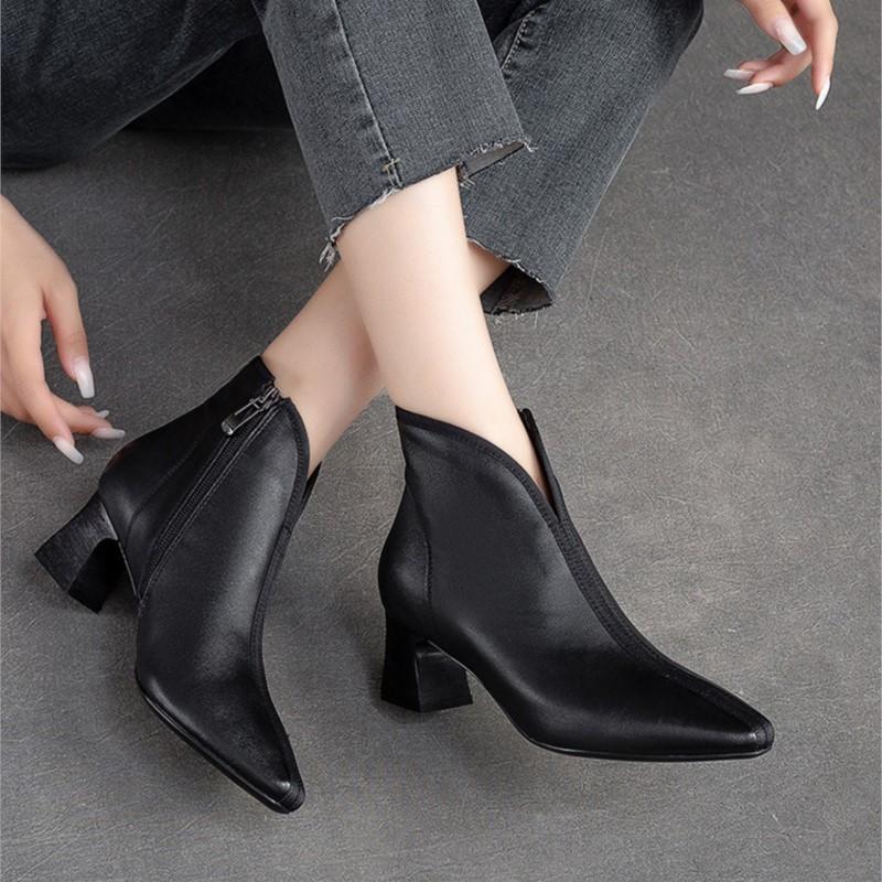 Johnature High Heel Pointed Toe Women Boots Vintage Genuine Leather Versatile Temperament Lady Shoes