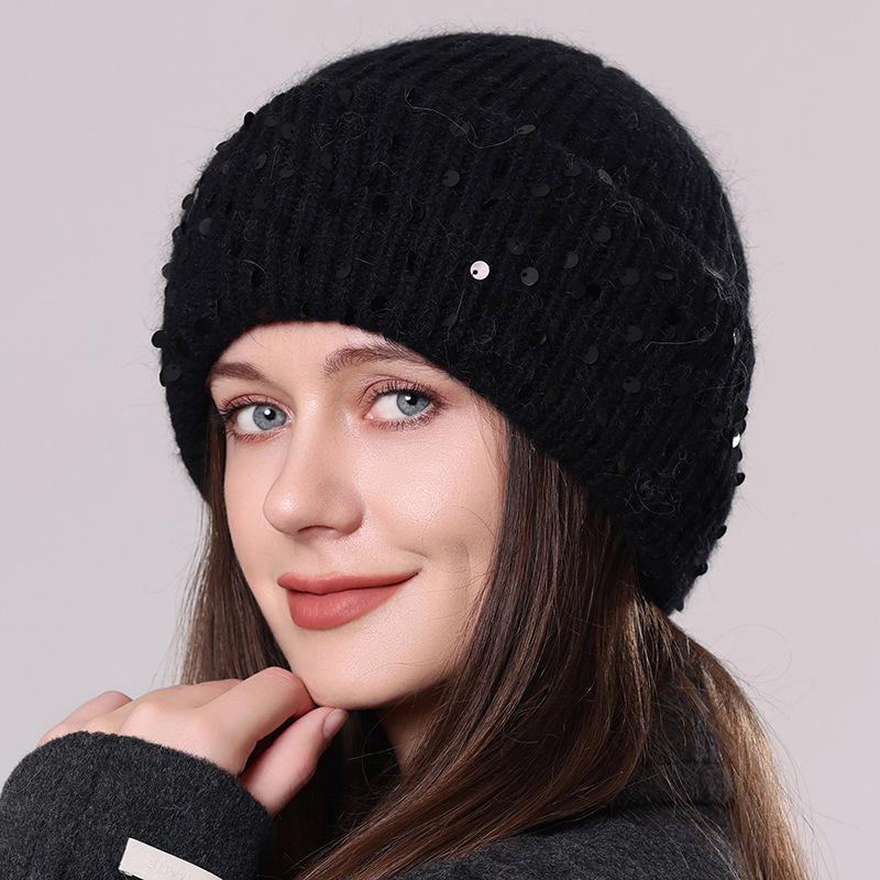 

Вязаная шапка из кроличьего меха с пайетками, зимняя теплая шерстяная шапка, модная женская шапка-пуловер для защиты ушей One Size