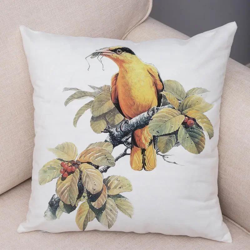 

Watercolor Floral Sparrow Decorative Pillowcase Office Living Room Car Ornaments Home Pillowcase 45x45cm