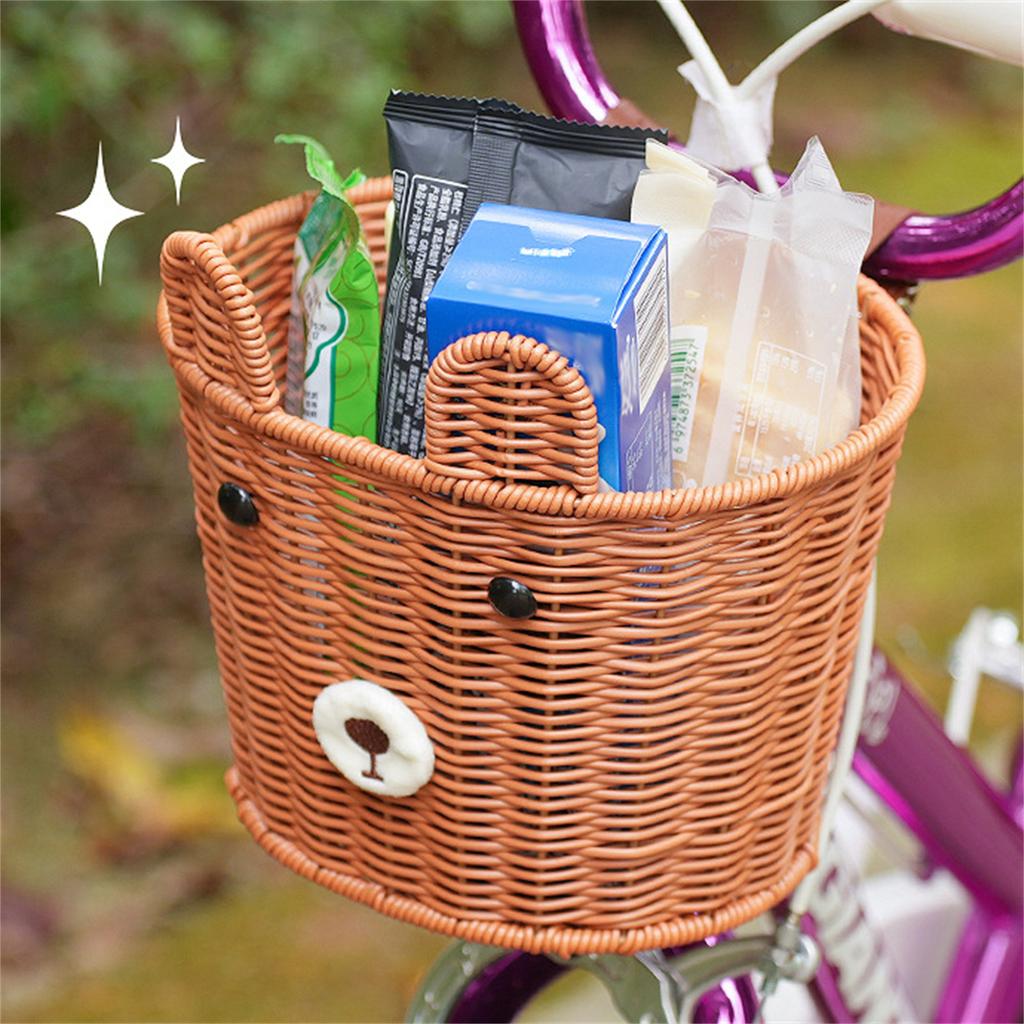 Vintage Woven Bicycle Front Basket for Balance Bike Retro Style Handmade Rattan Basket with Metal Bracket for Kids Bike Storage