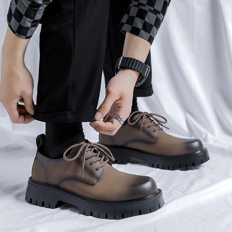 Derby Leather Shoes Men's British Style High Sense Korean Version Trend Leather Thick Sole Height Increase Wedding Groom Best Man Shoes