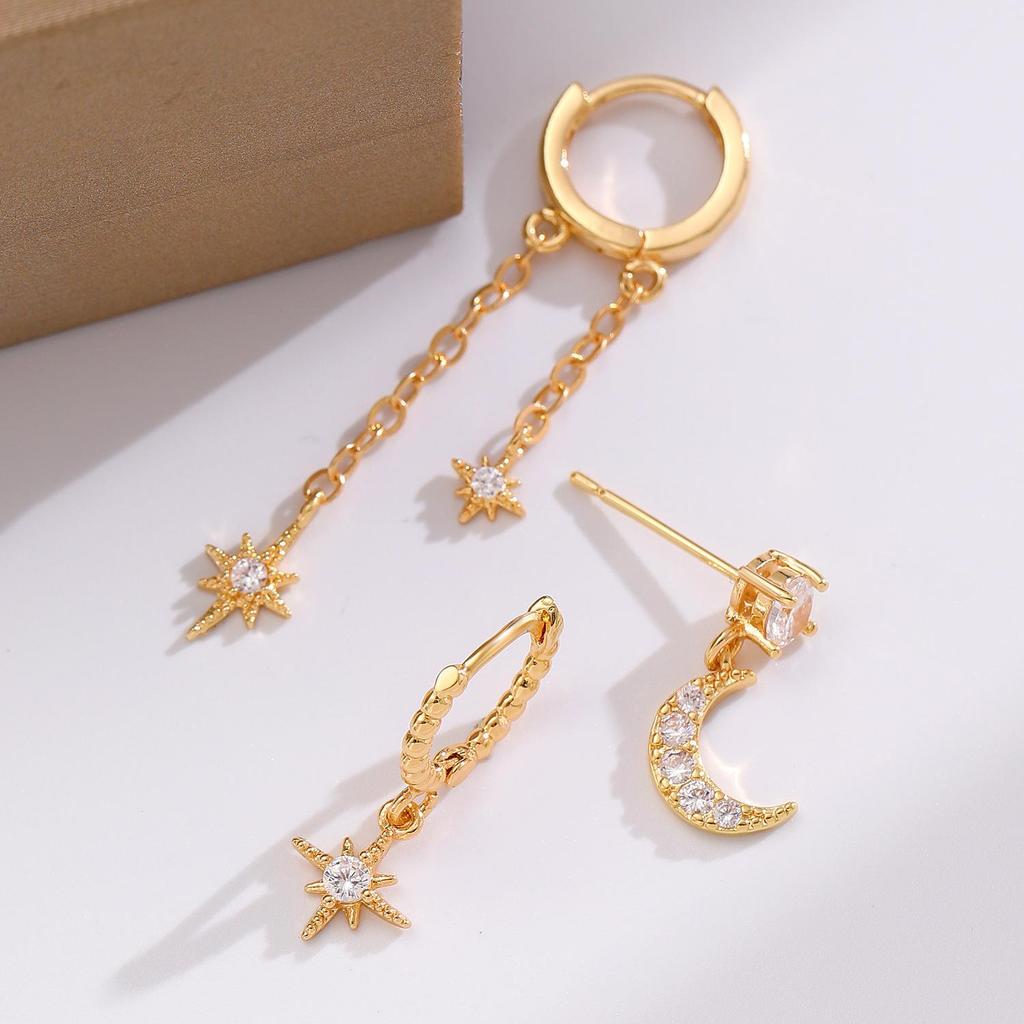 Modne zaawansowane uczucie gwiazdy księżyc asymetryczne imitacja cyrkonii kolczyki dla kobiet trzyczęściowy zestaw