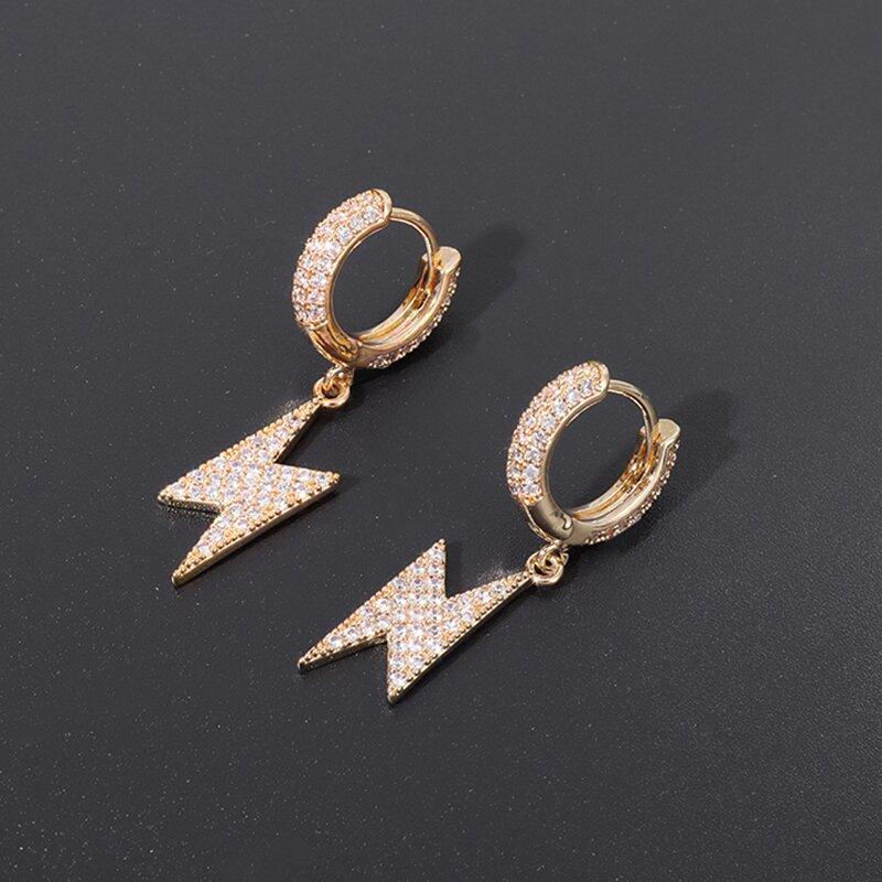 Trend Hip Hop Ice Out Cubic Zirconia Huggie Earrings Lightning Pendant Men Women Silver Color Anti-Allergy Earrings Cool Jewelry