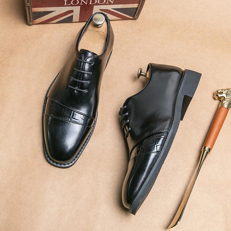 New Black Derby Shoes for Men Brown Square Toe Lace-up Business Handmade Men Dress Shoes  Size 38-46 Mens Shoes