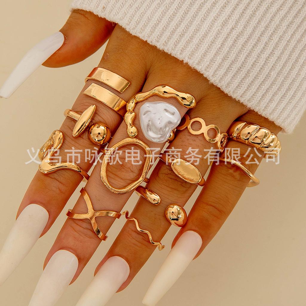 European and American design liquid lava flower opening ring ins baroque imitation pearl set gemstone ring