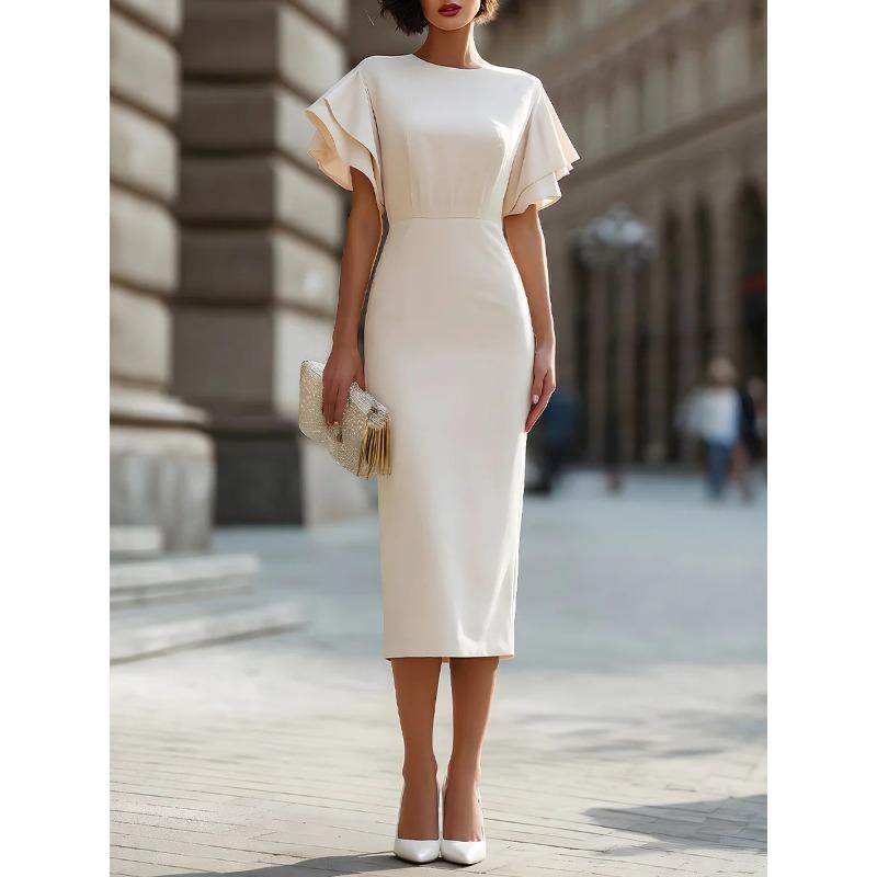 IHUASU Fashion Summer Spring Solid Color Print O-Neck Short Sleeve Casual Dresses