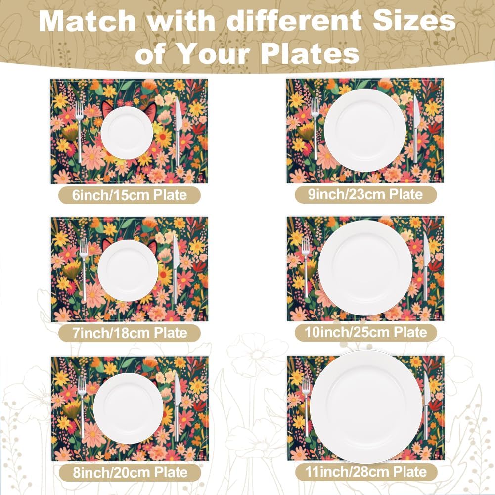WADORN Flowers Cat Placemats Set of 6, Black Cat Wildflowers Cloth Table Place Mats 11.8x17.7 Inch Non-Slip Linen Washable Table Mats Heat Resistant