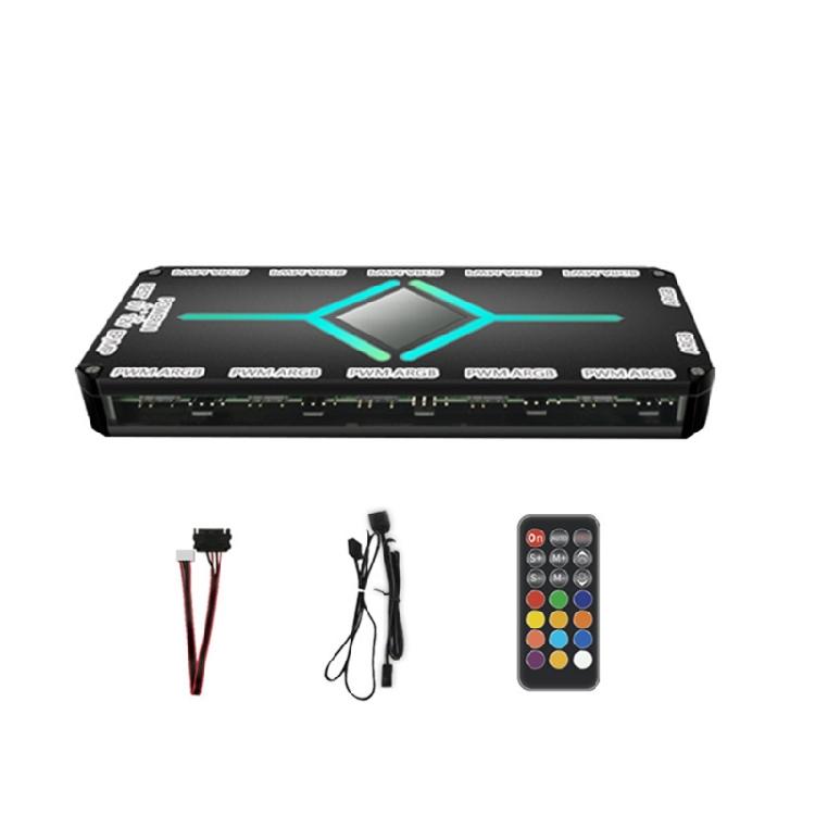 

PC Fan Hub for 12 ARGB and 10 PWM Connections, Comes with Remote, Magnetic Backing for Easy 1 чорний