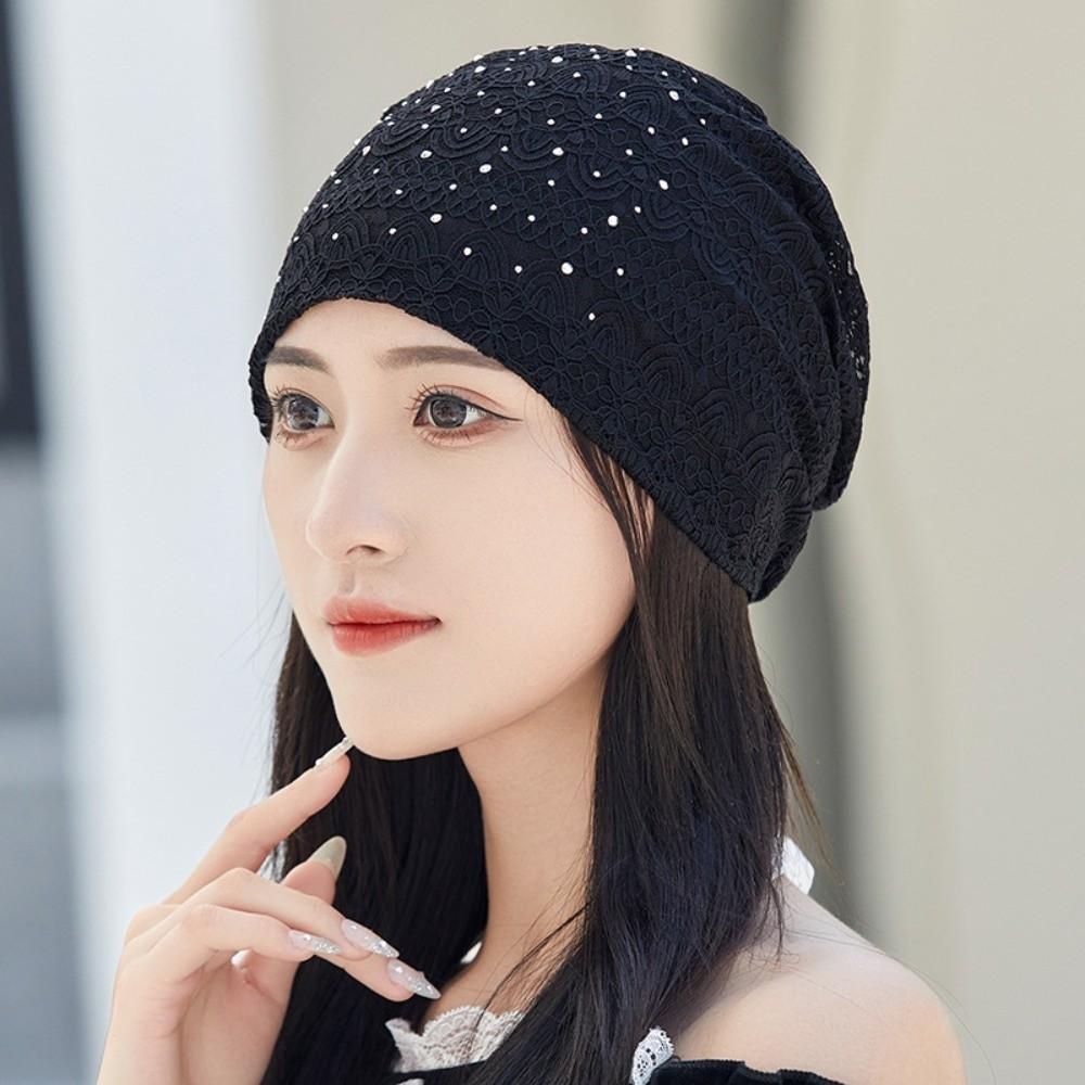 Soft Warm Bonnet Caps Rhinestones Hijab Turban Cap Pullover Hat Lace Beanie Hats  Outdoor