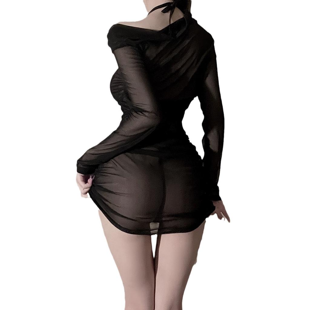 Sex Underwear Off-Shoulder Long Sleeve Perspective Hip Wrap Dress Hot Sexy Uniform Seduction Dress