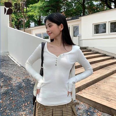 Women's Button V-Neck Long Sleeve Slim Fit T-Shirt