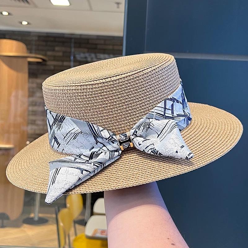 

Bow straw hat women s 2025 spring new versatile elegant wide-brimmed sunscreen hat flat top hat sun hat Adjustable хакі