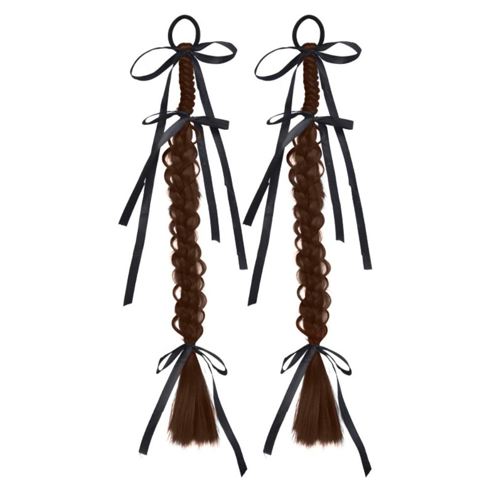 1Pair Fried Dough Ribbon Bow Double Ponytail Handmade Long Braiding Hair Extensions  Women/Girls
