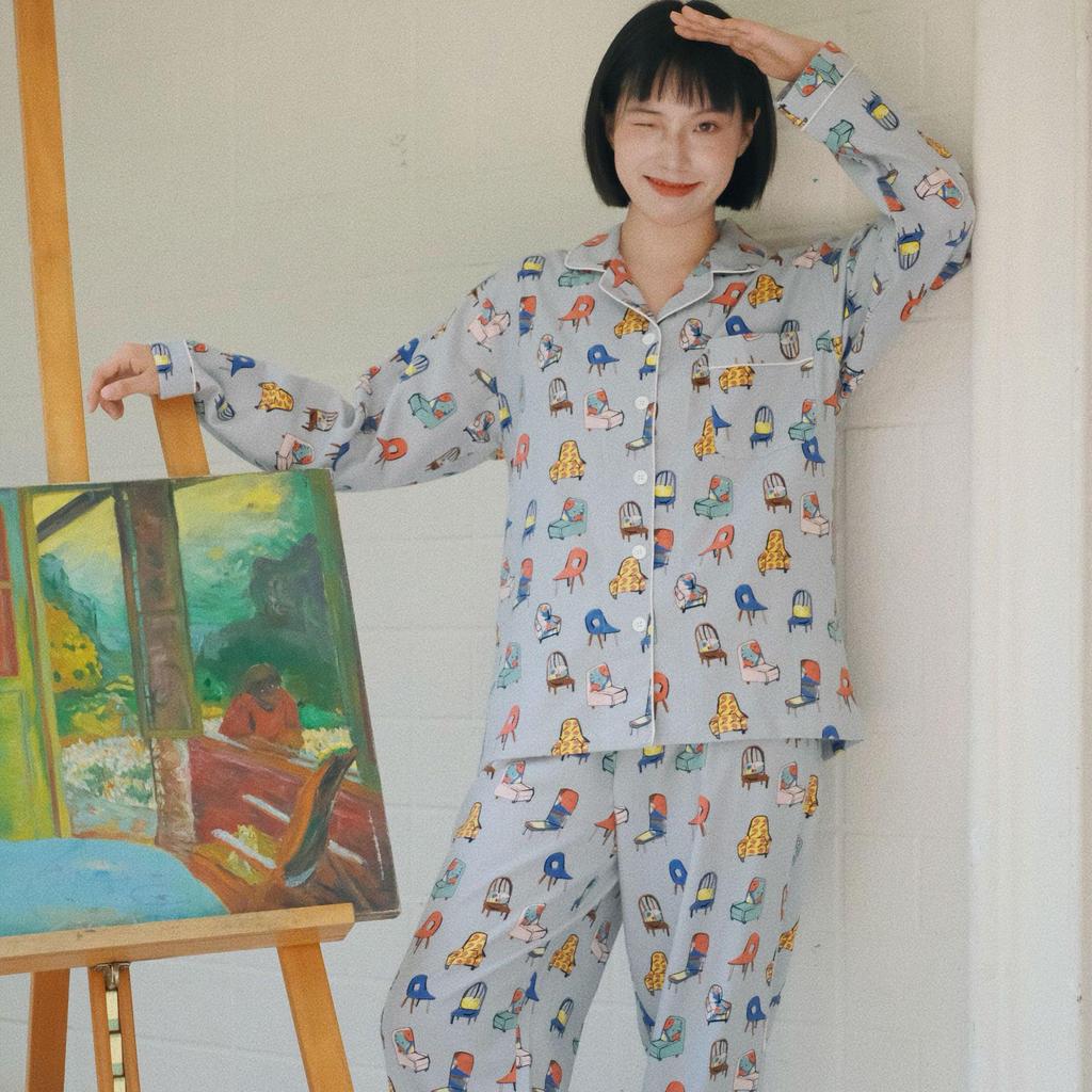 Women's Brushed Cotton French Pajamas - Comfy, Loose-Fit Long Sleeve Set for Spring & Autumn