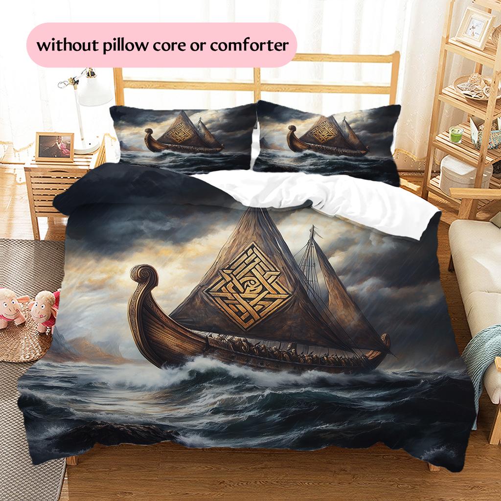 Viking Longship Pattern Bedding Home Decoration Birthday Gift (1 * duvet cover + 2 * pillowcase, without core)