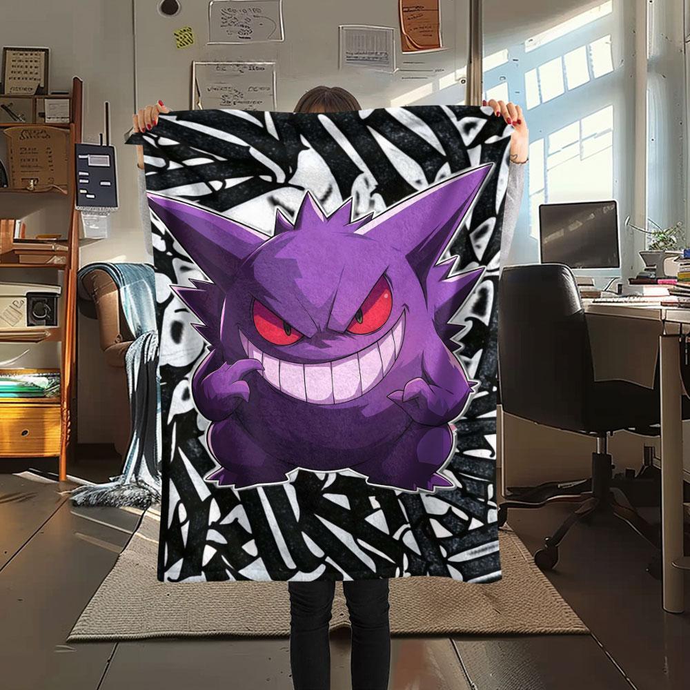 1Pc Gengar Print Flannel Blanket, High Quality Comfortable for All Seasons, Home Decor, Warmth and Comfort, Perfect for Christmas Gifts
