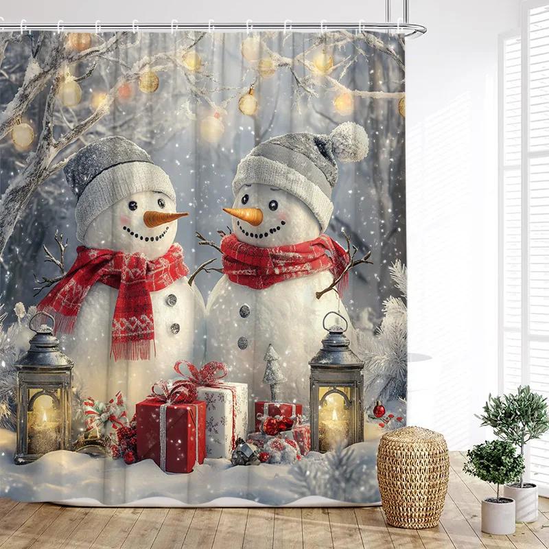 Cute Snowman Shower Curtain Winter Forest Pine Tree Snowflake New Year Christmas Bath Curtains Fabric Bathroom Decor With Hook